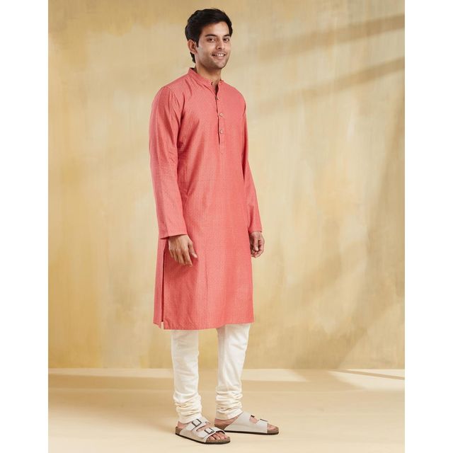 Fabindia Men's Long Kurta Cotton Dobby Slim Fit | Light Red - XL