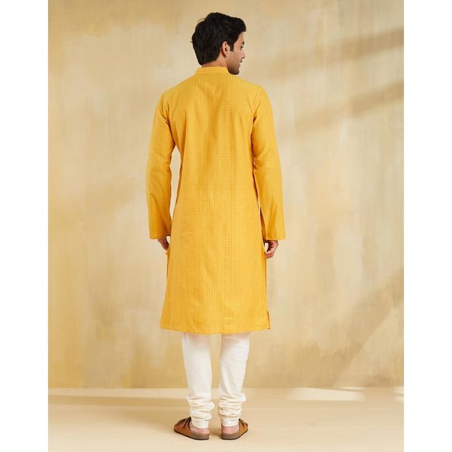 Fabindia Men's Long Kurta Cotton Dobby Slim Fit | Yellow - S