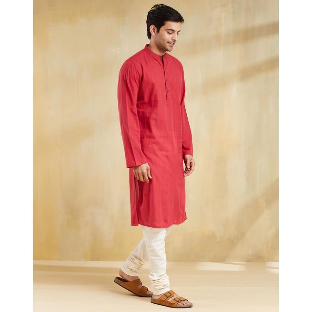 Fabindia Men's Long Kurta Slim Fit Dobby | Red - XL