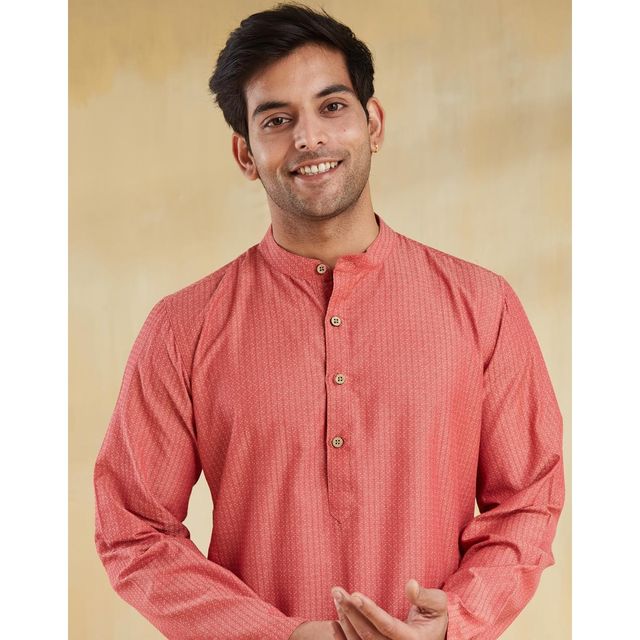 Fabindia Men's Long Kurta Cotton Dobby Slim Fit | Light Red - XL