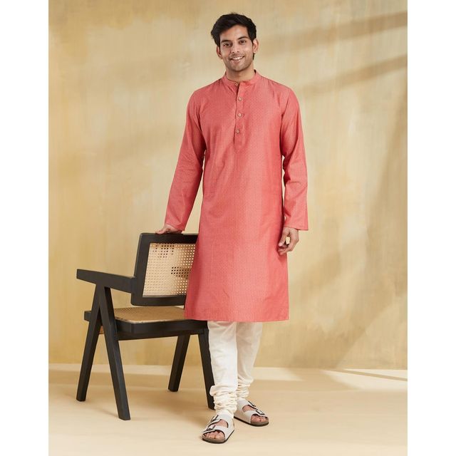 Fabindia Men's Long Kurta Cotton Dobby Slim Fit | Light Red - XL