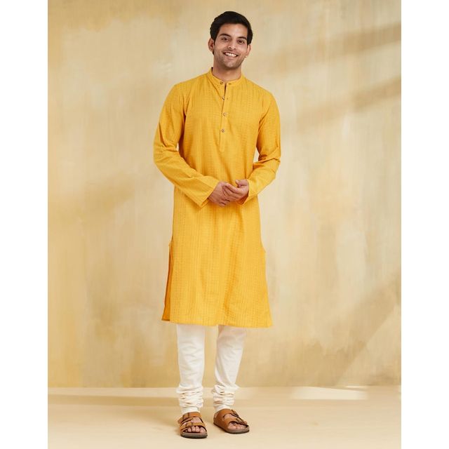Fabindia Men's Long Kurta Cotton Dobby Slim Fit | Yellow - S