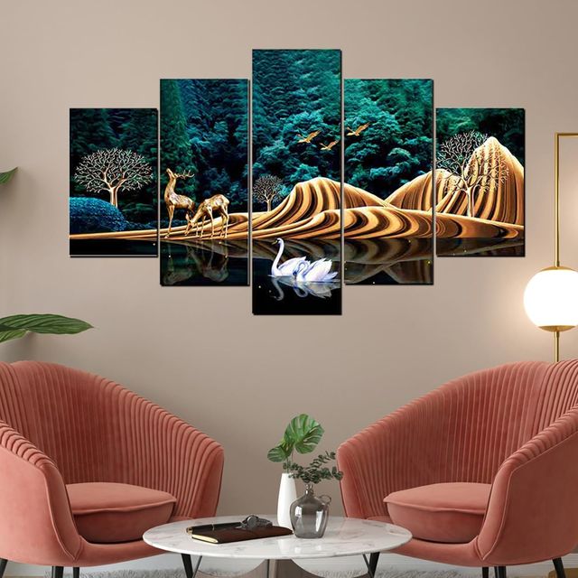 Perpetual Deer Paintings for Wall Decoration | Set of 5 | 3D Scenery | 75 x 43 cm