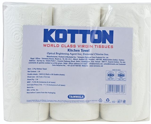 Kotton Kitchen Towel 3 Ply - 100% Virgin Pulp/Paper, 80 pulls (Pack of 3)