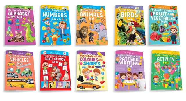 Dreamland My First Early Learning - Gift Pack of 10 Books - Alphabet, Numbers, Animals, Birds, Fruit and Vegetables, Vehicles, Parts of the Body, Colours and Shapes, Pattern Writing, Activity, 160 Pages