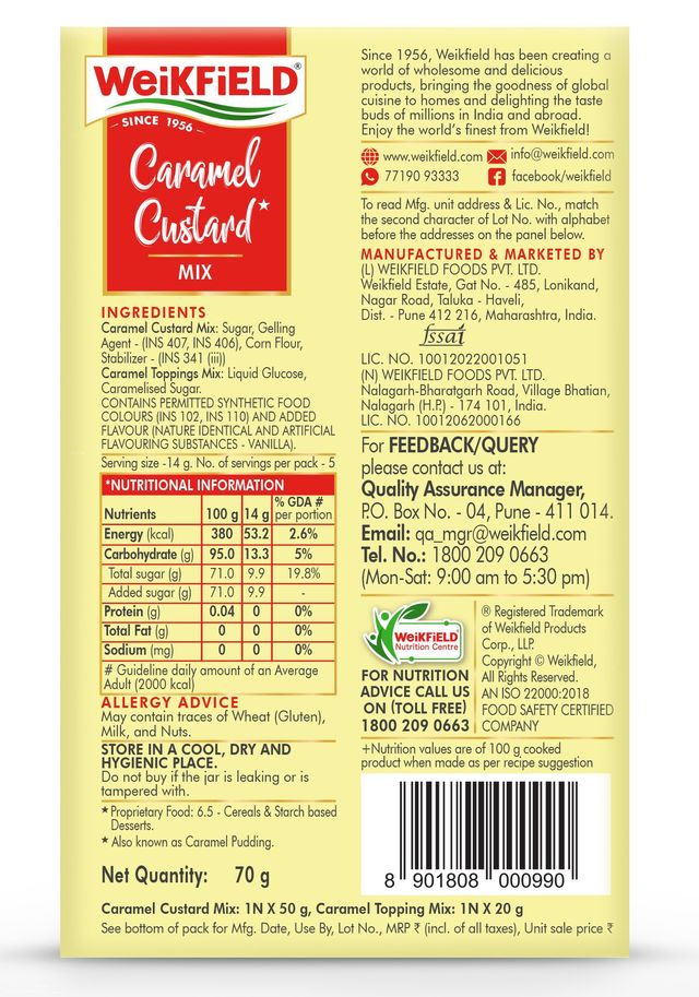 Weikfield Caramel Custard Mix Flavour Carton