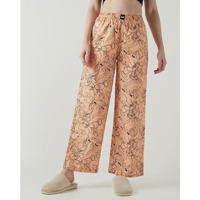 Bewakoof Official Looney Tunes Merchandise Women's Peach All Over Printed Wide Leg Pyjamas | M