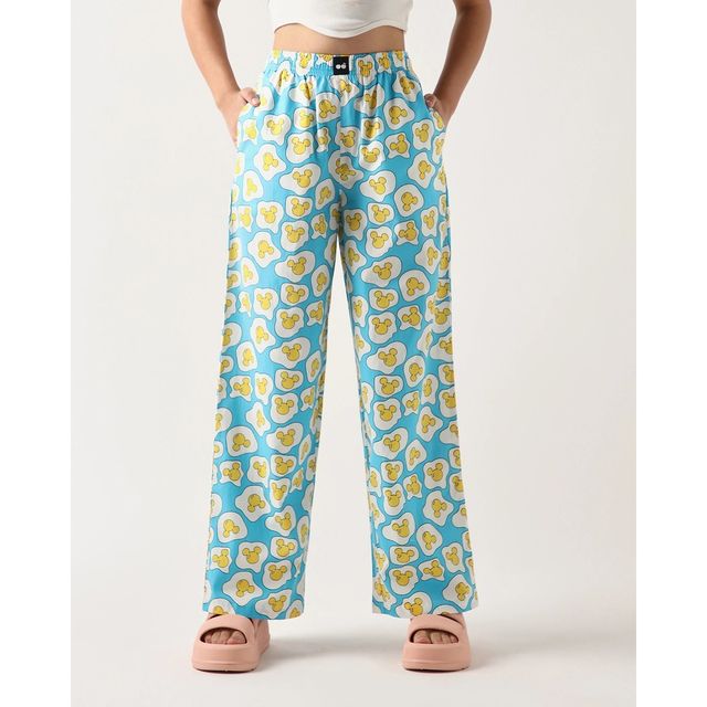 Bewakoof Official Disney Merchandise Women's All Over Printed Wide Leg Pyjamas | Blue - M