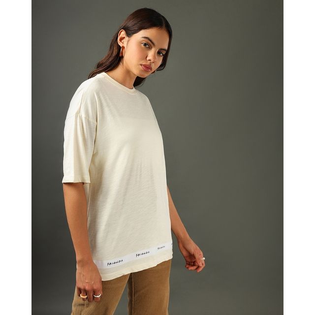 Bewakoof Women's Friends Tape Graphic Printed Oversized T-shirt | Gardenia - XL