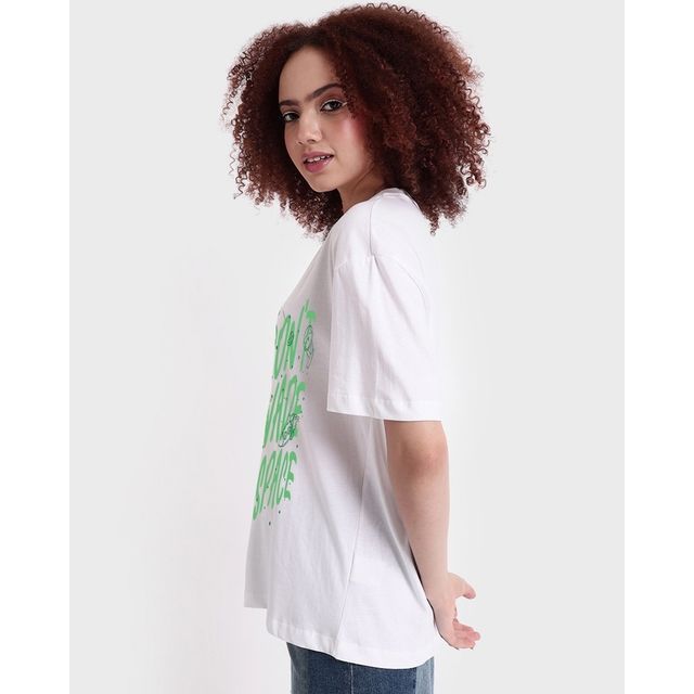 Bewakoof Women's Don't Invade Graphic Printed Oversized T-shirt | White - XL