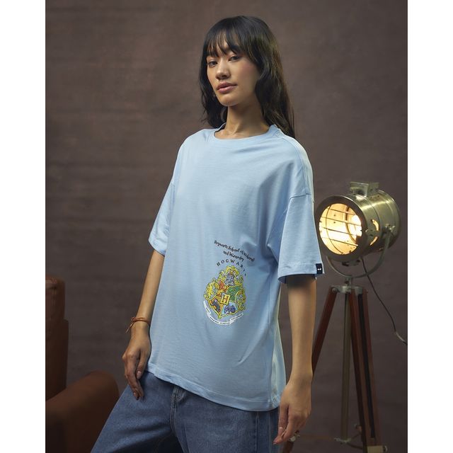 Bewakoof Women's School of Witch Craft Graphic Printed Oversized T-shirt | Blue - M