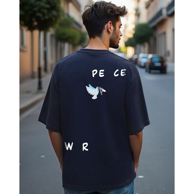 Bewakoof Men's Peace Not War Graphic Printed Oversized T-shirt | Blue | M