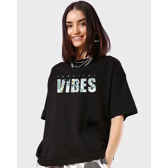 Bewakoof Women's Tropical Vibes Typography Oversized T-shirt | Black - L