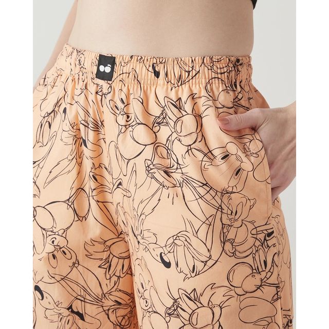Bewakoof Official Looney Tunes Merchandise Women's Peach All Over Printed Wide Leg Pyjamas | M