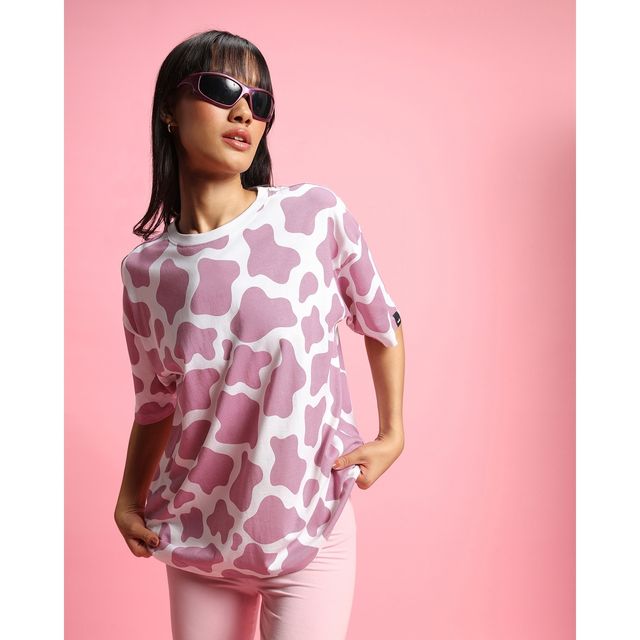 Bewakoof Women's Camo Printed Oversized T-shirt | White & Purple - S