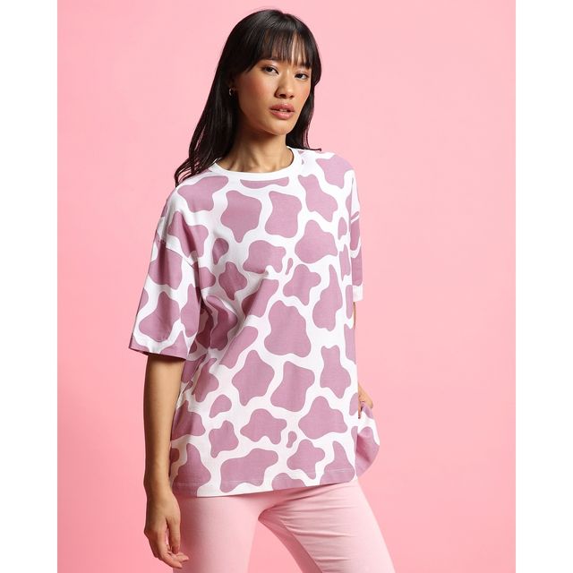 Bewakoof Women's Camo Printed Oversized T-shirt | White & Purple - S