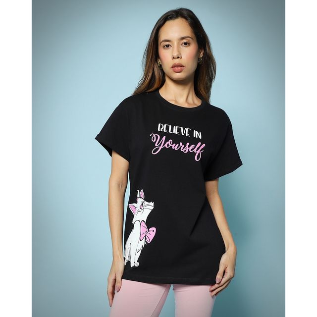 Bewakoof Women's Believe Cat Graphic Printed Boyfriend T-shirt | Black - M