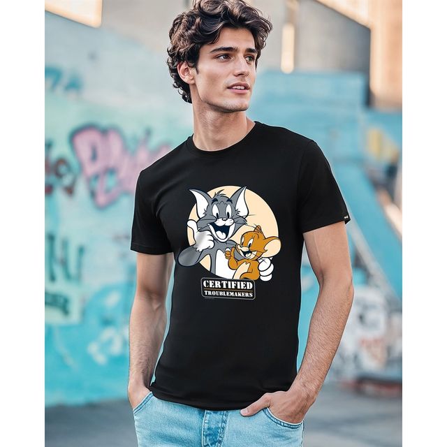 Bewakoof Official Tom & Jerry Men's (TJL) Graphic Printed T-shirt | Black - L