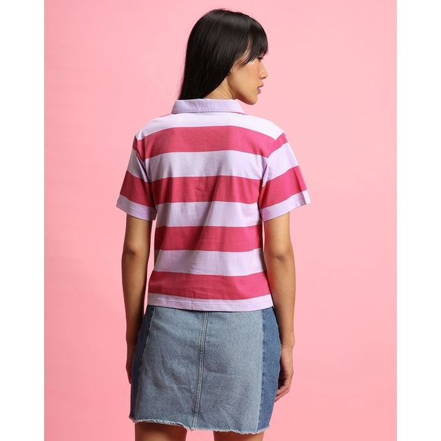 Bewakoof Women's Striped Polo T-shirt | Pink & White - XL