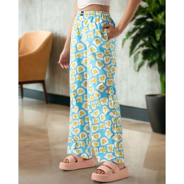 Bewakoof Official Disney Merchandise Women's All Over Printed Wide Leg Pyjamas | Blue - M