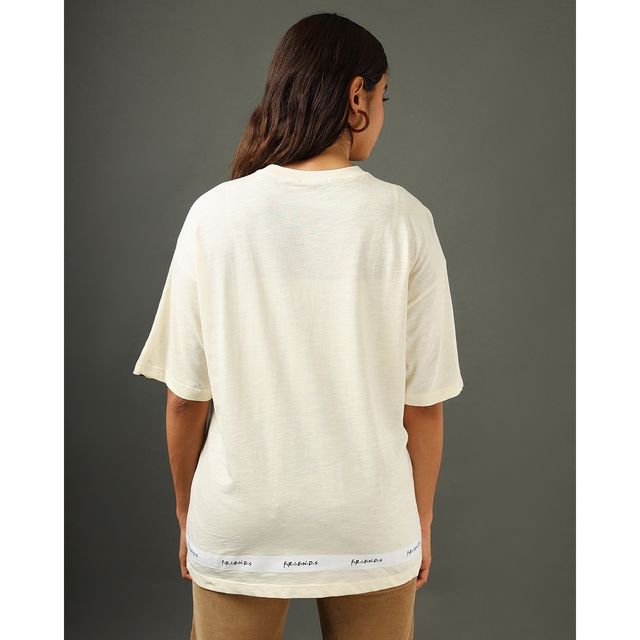 Bewakoof Women's Friends Tape Graphic Printed Oversized T-shirt | Gardenia - XL