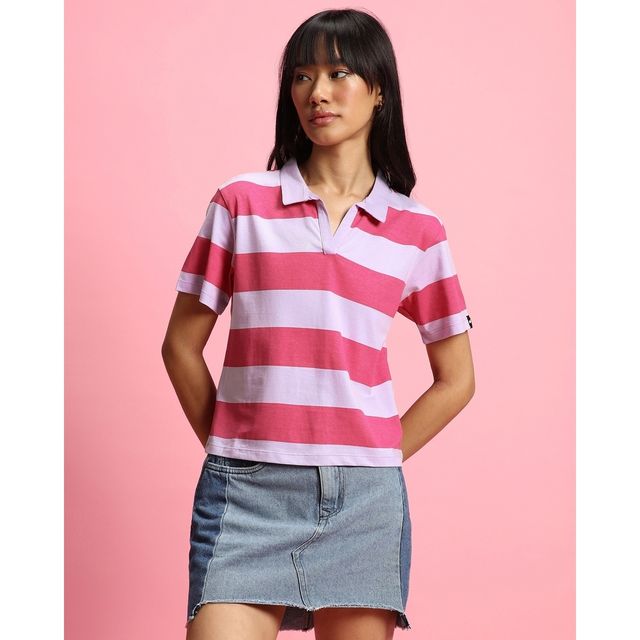 Bewakoof Women's Striped Polo T-shirt | Pink & White - XL