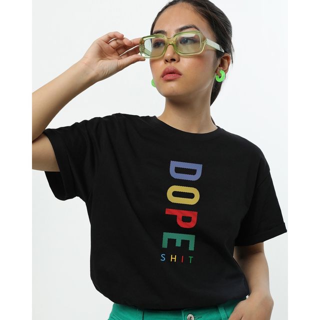 Bewakoof Women's Dope Shit Typography Boyfriend T-shirt | Black - M