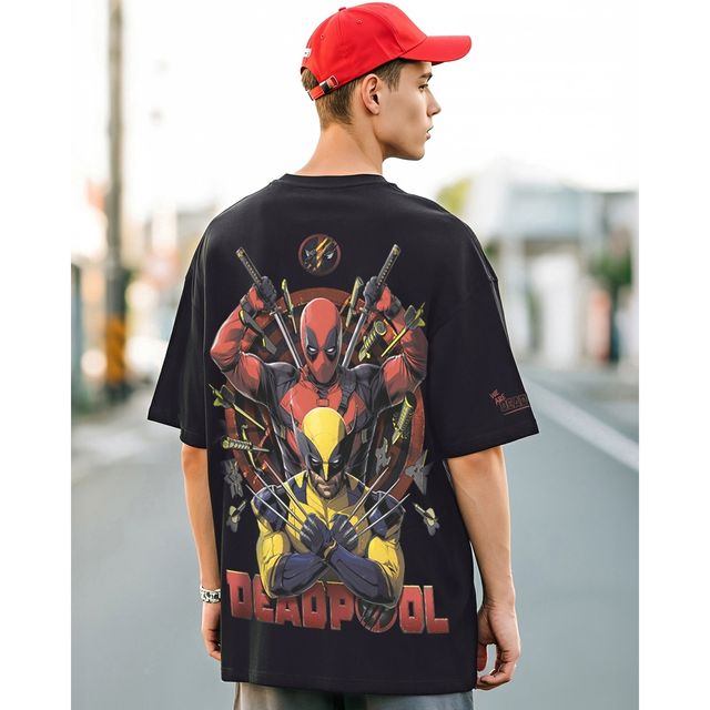 Bewakoof Official Marvel Men's Deadpool Duo Graphic Printed Oversized T-shirt | Black | M