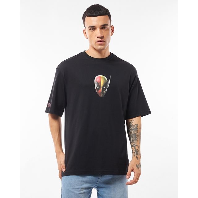 Bewakoof Official Marvel Men's Deadpool Duo Graphic Printed Oversized T-shirt | Black | M