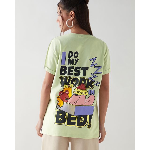 Bewakoof Women's Work in Bed Graphic Printed Boyfriend T-shirt | Fog Green - L