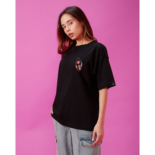 Bewakoof Women's Be Curious Graphic Printed Oversized T-shirt | Black - XL