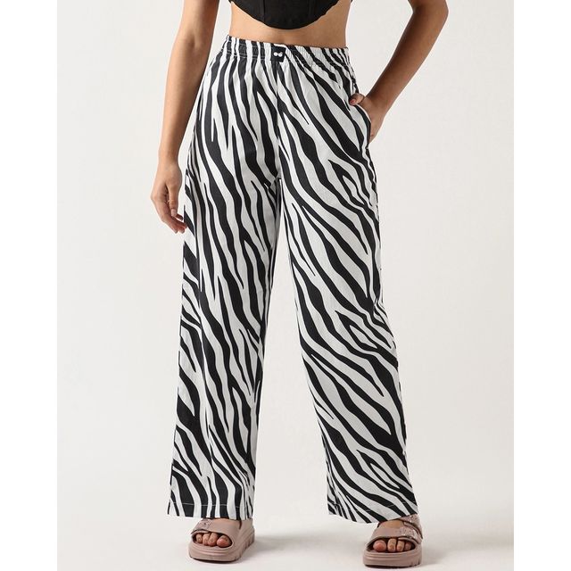 Bewakoof Women's All Over Printed Wide Leg Pyjamas | White & Black - S