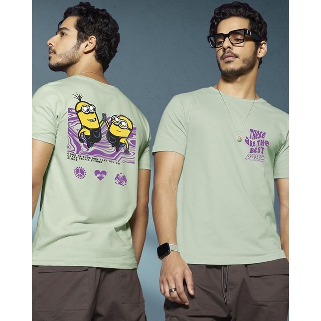 Bewakoof Official Minions Merchandise Men's Best Buds Graphic Printed T-shirt | Green - S