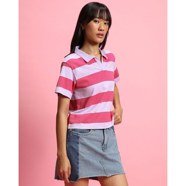 Bewakoof Women's Striped Polo T-shirt | Pink & White - XL