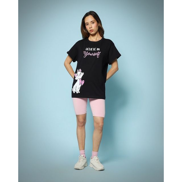Bewakoof Women's Believe Cat Graphic Printed Boyfriend T-shirt | Black - M