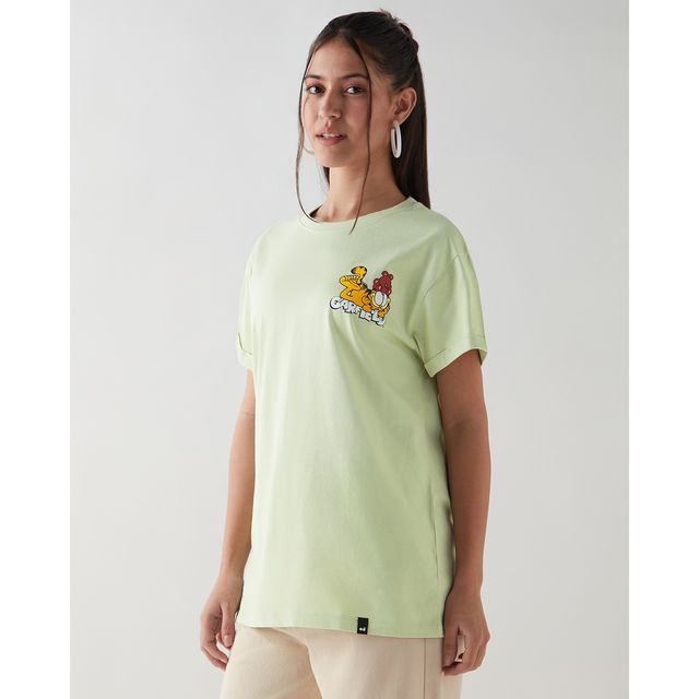 Bewakoof Women's Work in Bed Graphic Printed Boyfriend T-shirt | Fog Green - L