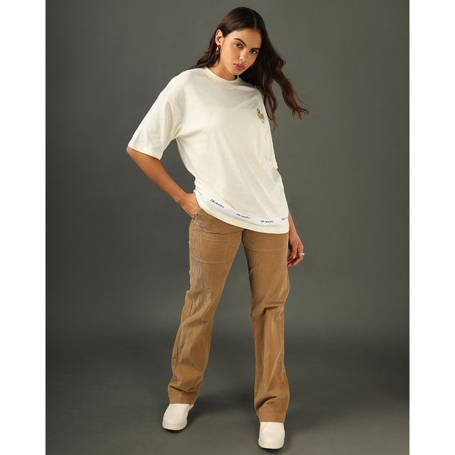 Bewakoof Women's Friends Tape Graphic Printed Oversized T-shirt | Gardenia - XL
