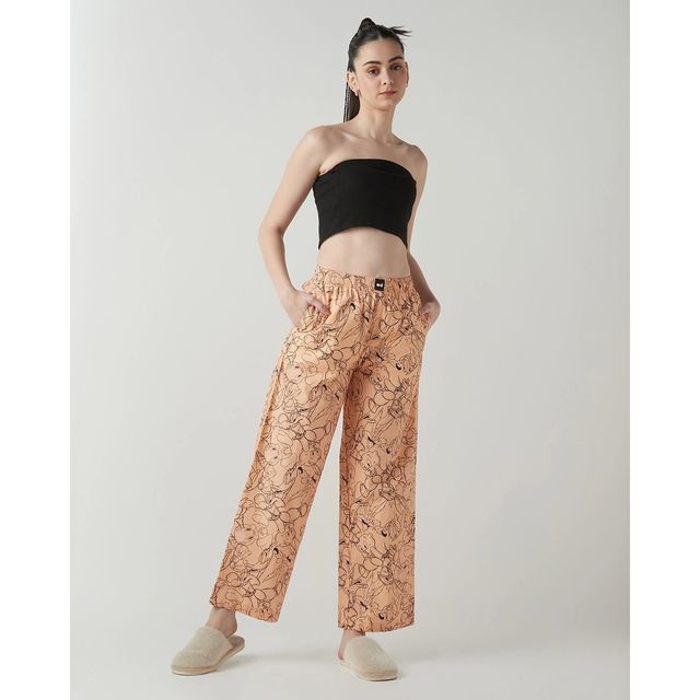 Bewakoof Official Looney Tunes Merchandise Women's Peach All Over Printed Wide Leg Pyjamas | M