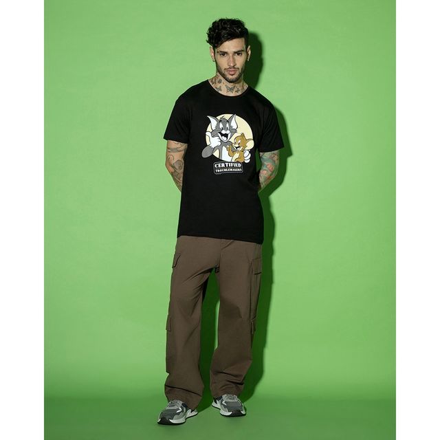 Bewakoof Official Tom & Jerry Men's (TJL) Graphic Printed T-shirt | Black - L