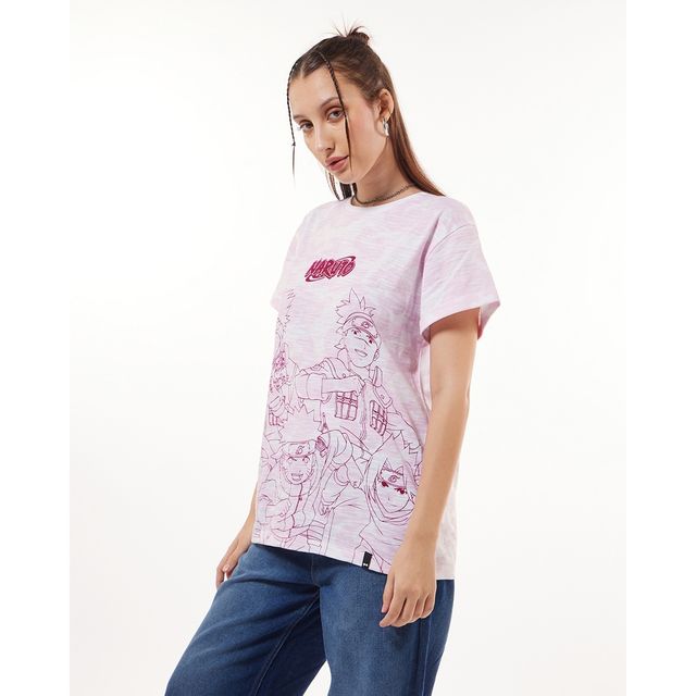 Bewakoof Women's Naruto Graphic Printed Boyfriend T-shirt | White & Pink - S
