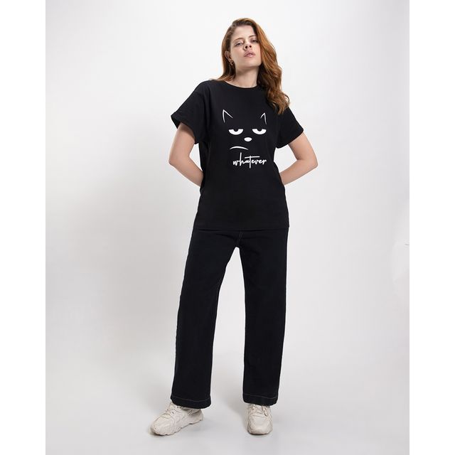 Bewakoof Women's Whatever Cat Graphic Printed Boyfriend T-shirt | Black - L