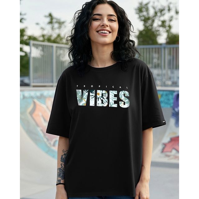 Bewakoof Women's Tropical Vibes Typography Oversized T-shirt | Black - L