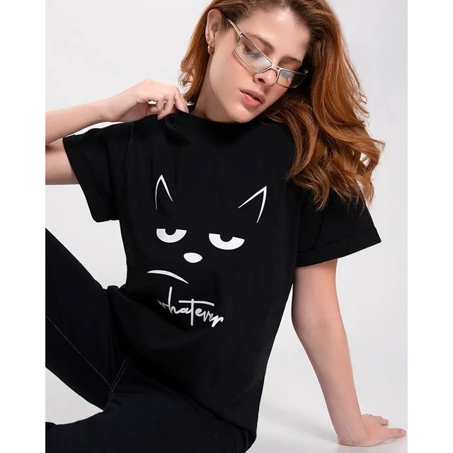 Bewakoof Women's Whatever Cat Graphic Printed Boyfriend T-shirt | Black - L