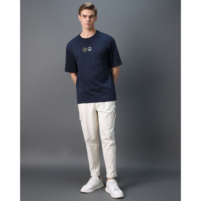 Bewakoof Men's Peace Not War Graphic Printed Oversized T-shirt | Blue | M