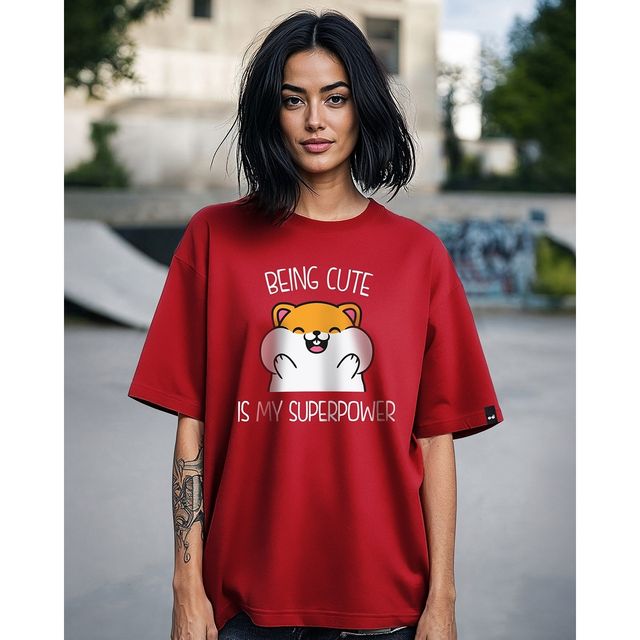 Bewakoof Women's Being Cute Is My Superpower Graphic Printed Oversized T-shirt | Red - M