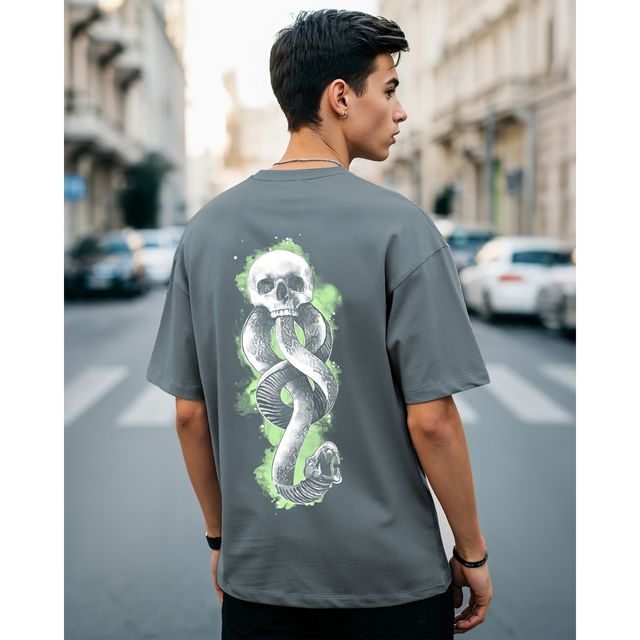 Bewakoof Men's Death Mark Graphic Printed Oversized T-shirt | Grey - XL