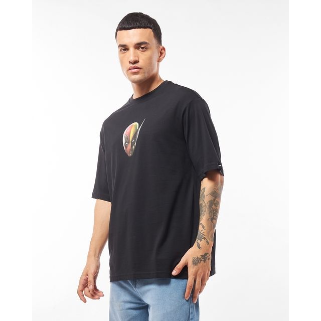 Bewakoof Official Marvel Men's Deadpool Duo Graphic Printed Oversized T-shirt | Black | M