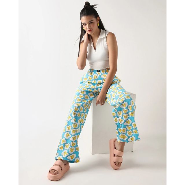 Bewakoof Official Disney Merchandise Women's All Over Printed Wide Leg Pyjamas | Blue - M