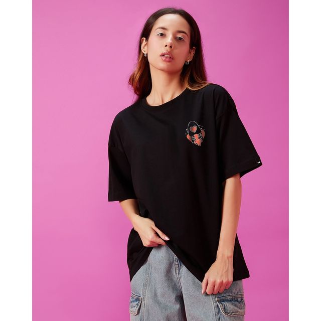 Bewakoof Women's Be Curious Graphic Printed Oversized T-shirt | Black - XL