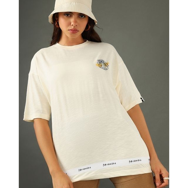 Bewakoof Women's Friends Tape Graphic Printed Oversized T-shirt | Gardenia - XL